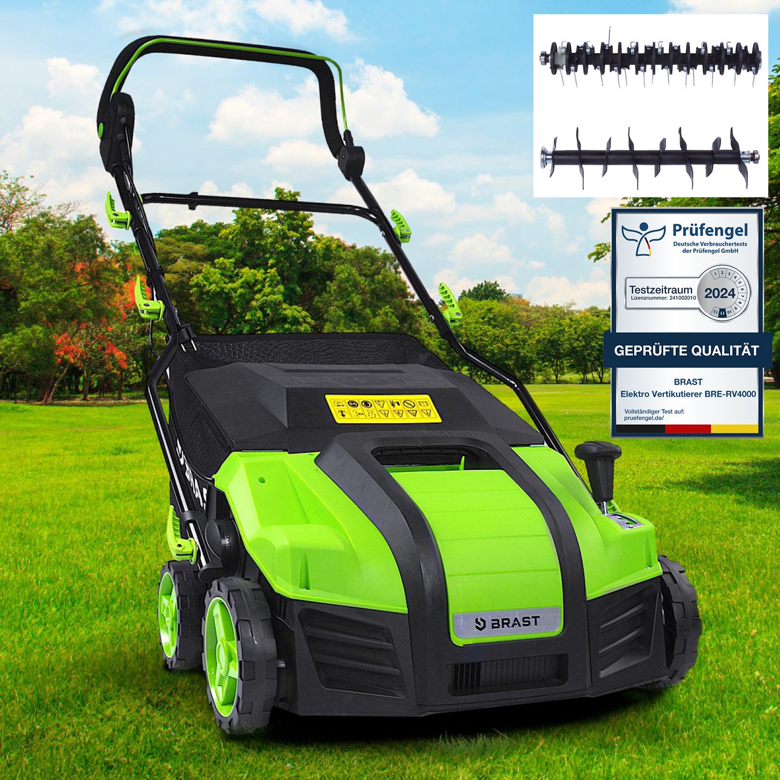 Grüner elektro rasenvertikutierer mit radantrieb und klappbarem Griff auf Rasen, garten vertikutierer.