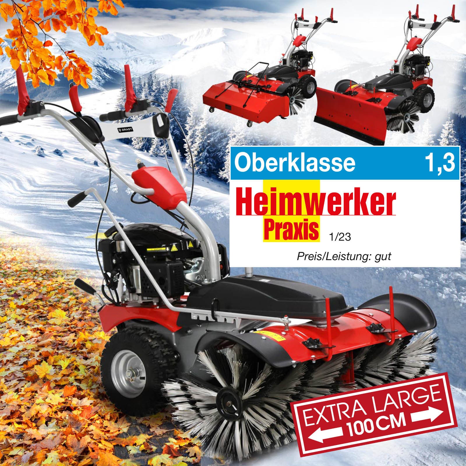 Rote Benzin Kehrmaschine mit schwarzer Kehrwalze, Schneekehrmaschine und Motorbesen, 100 cm Arbeitsbreite.