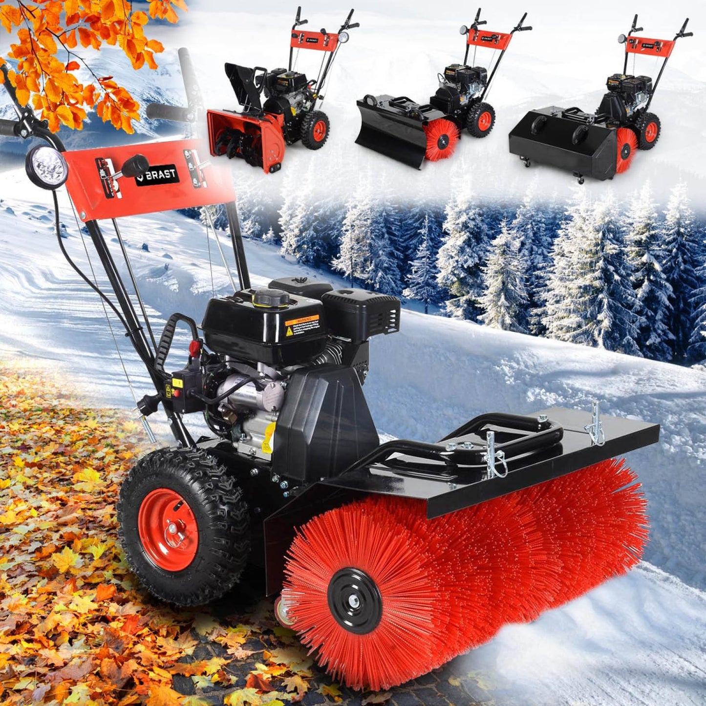Rote Kehrwalze an schwarzer Benzin Kehrmaschine mit Motorbesen, geeignet als Schneekehrmaschine.