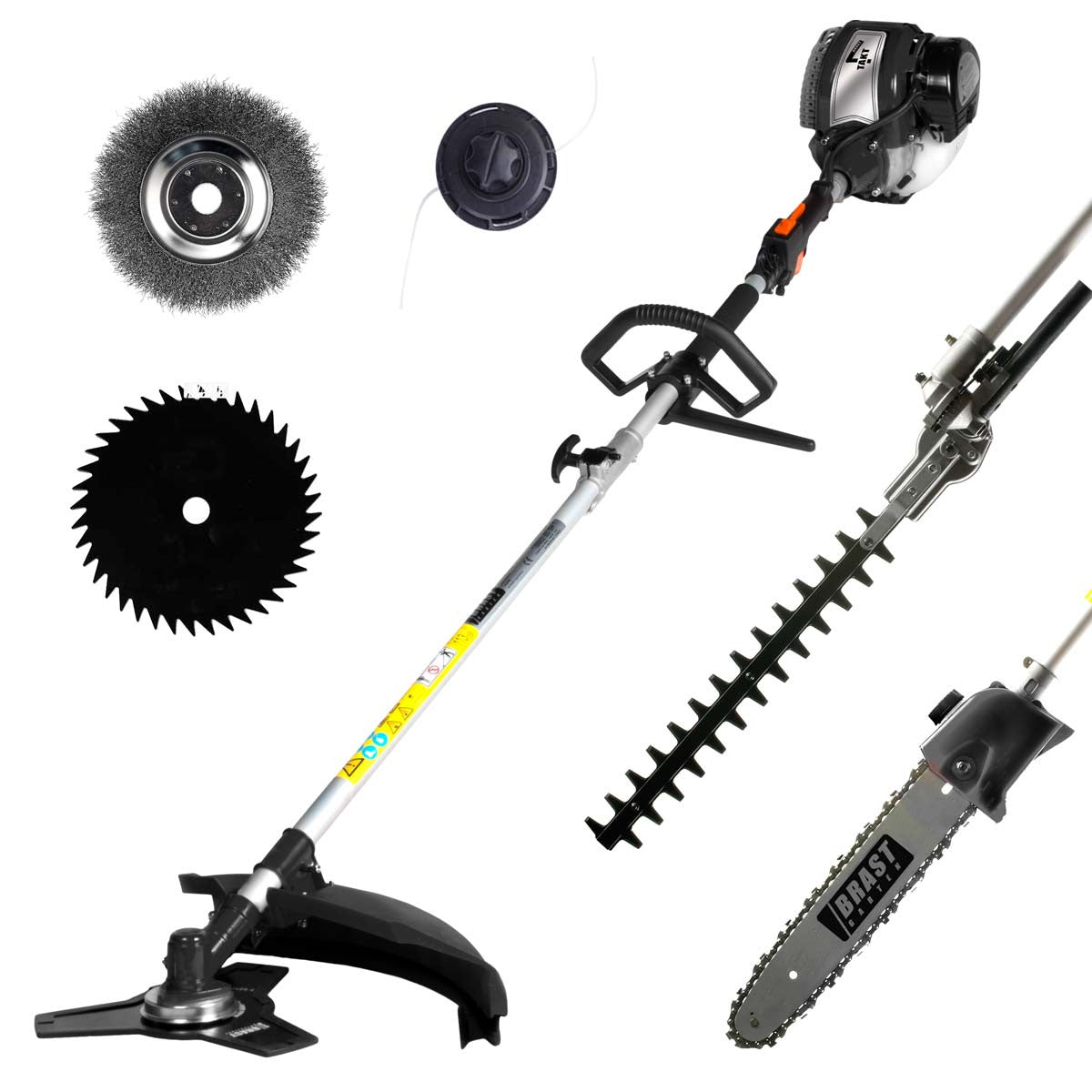 Schwarze 6in1 Motorsense mit 4-Takt Benzinmotor, Sägeblatt, Grasrechen, Freischneider-Aufsatz und Heckenschere.