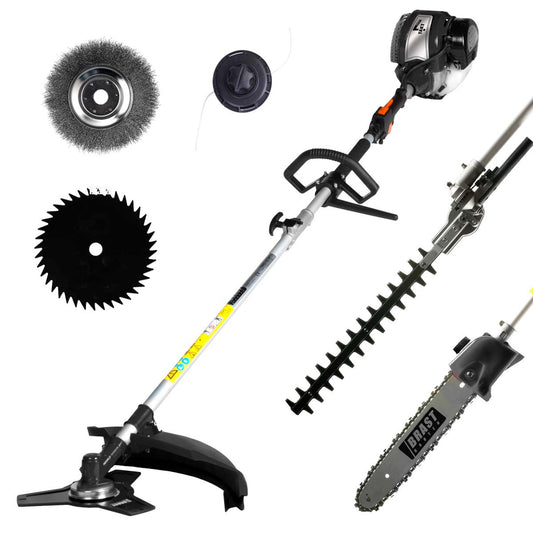 Schwarze 6in1 Motorsense mit 4-Takt Benzinmotor, Sägeblatt, Grasrechen, Freischneider-Aufsatz und Heckenschere.