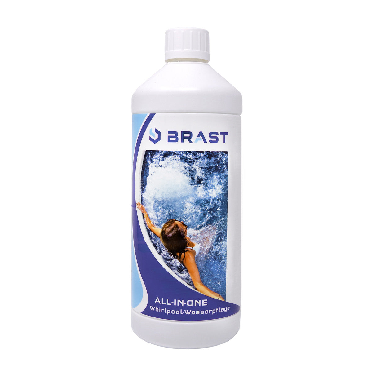 Weiße 1-Liter-Flasche BRAST All in One Whirlpool Wasserpflege mit blauem Etikett und Foto.