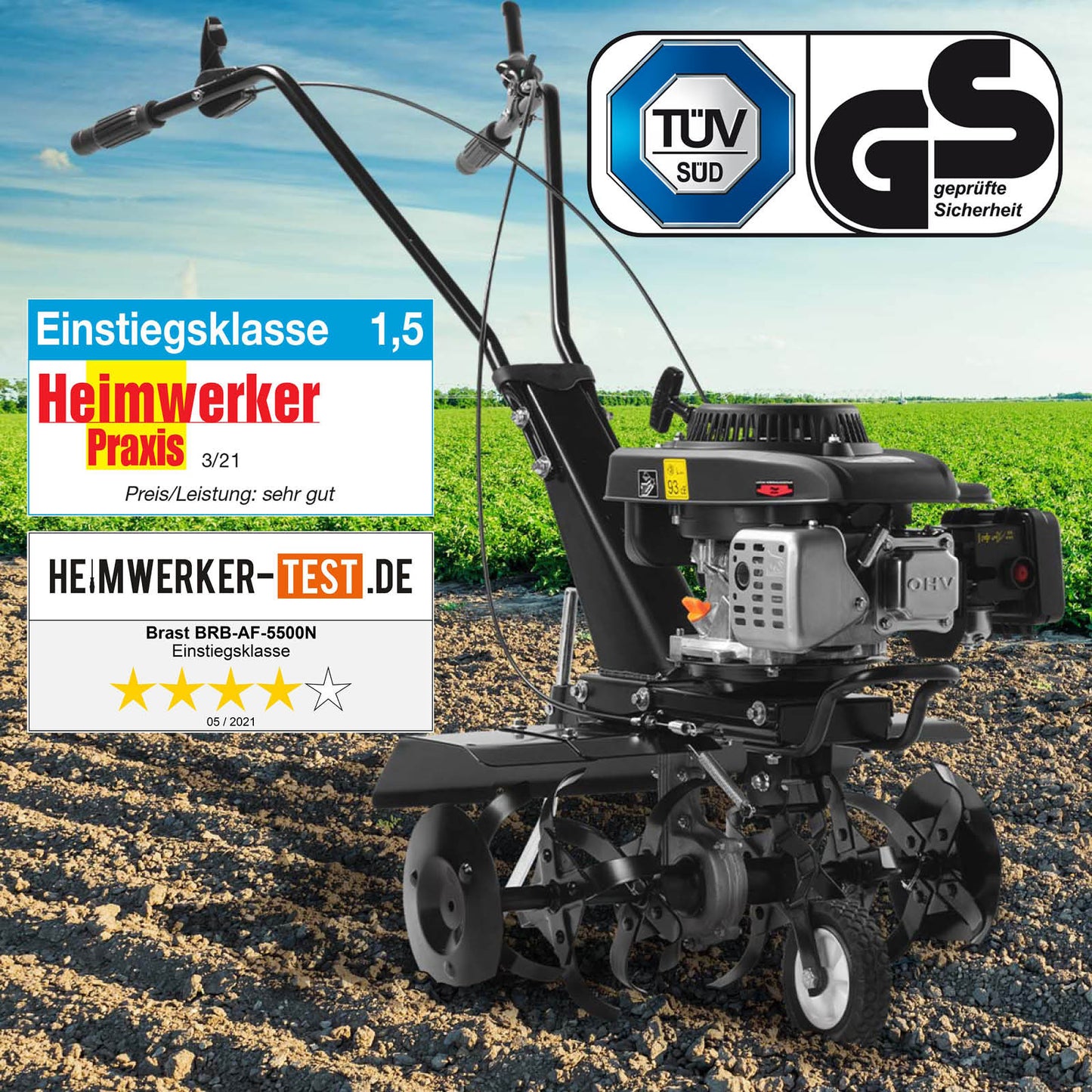 Schwarze Benzin Motorhacke mit robustem Motor, Bodenfräse Gartenfräse für Pflug und Gartenbodenbearbeitung.
