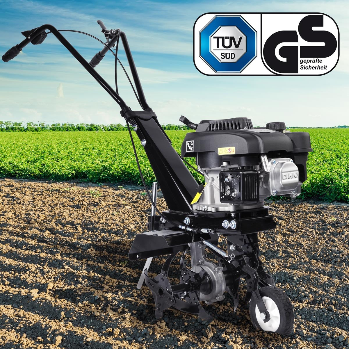 Schwarze Benzin Motorhacke mit Gartenfräse Pflug und Bodenfräse Gartenfräse für Feldarbeit.