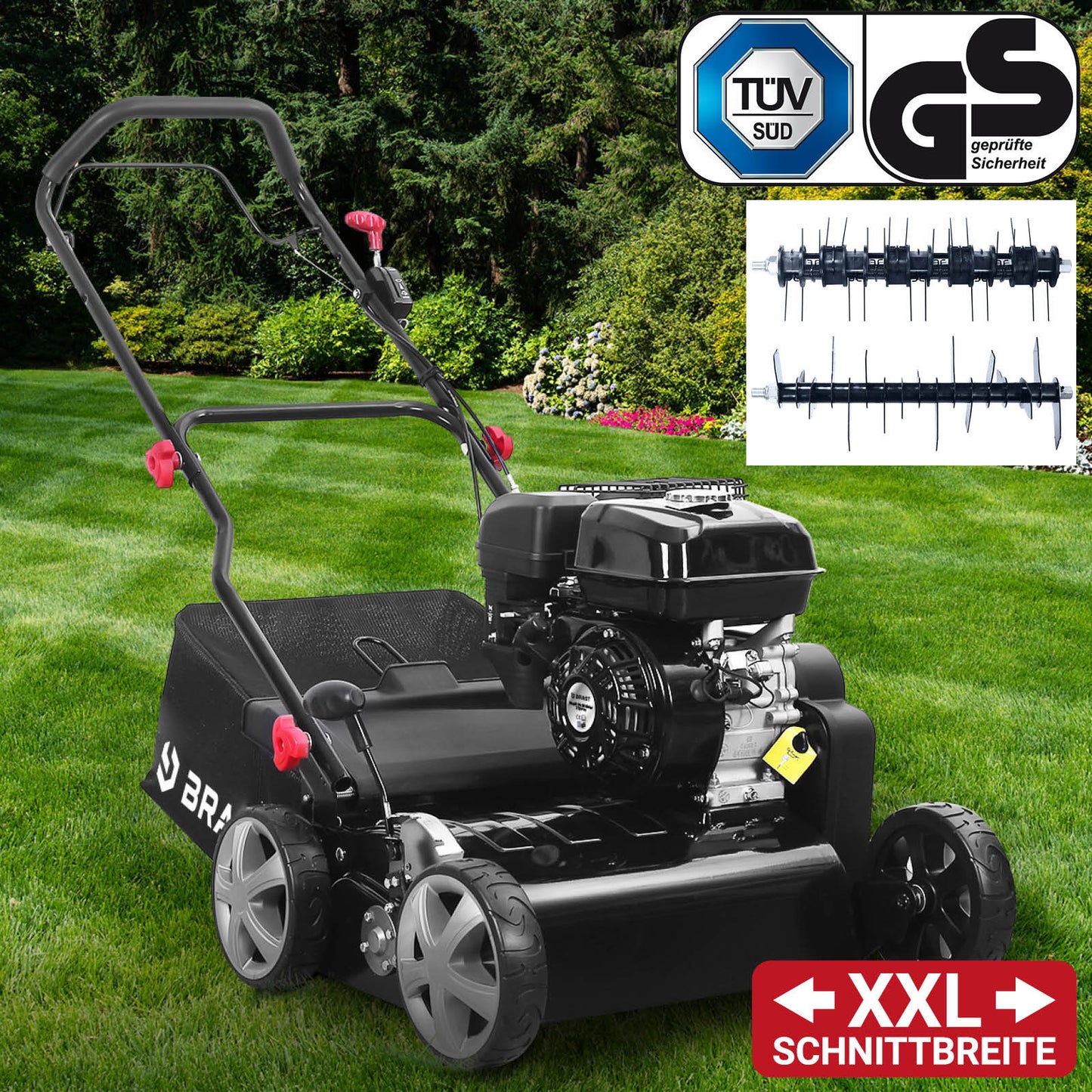 Schwarzer Benzin Rasenvertikutierer mit Radantrieb, großer Motor, robustes Stahlgehäuse, Garten Vertikutierer XXL.