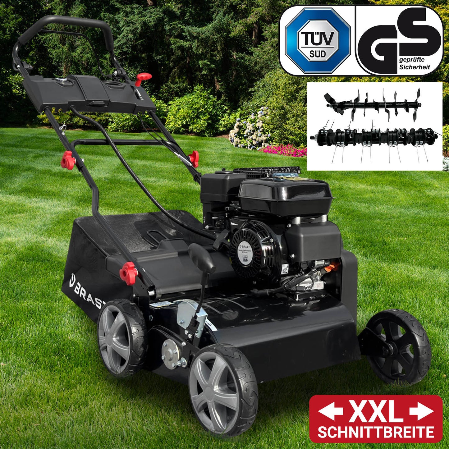 Schwarzer Benzin Rasenvertikutierer mit Radantrieb und Fangkorb, Garten Vertikutierer XXL, Rasenlüfter Benzin.