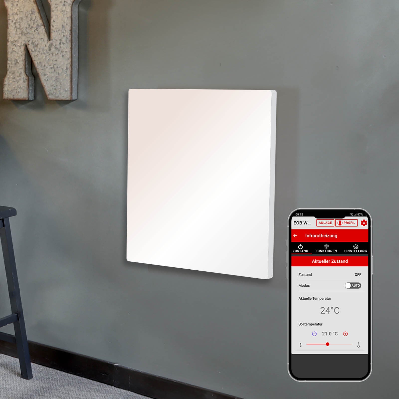 Weiße quadratische Wandheizung mit glatter Oberfläche und Smartphone-Bedienoberfläche für Wifi-Thermostat.
