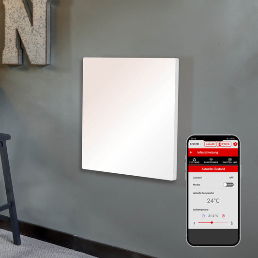 Weiße quadratische Wandheizung mit glatter Oberfläche und Smartphone-Bedienoberfläche für Wifi-Thermostat.