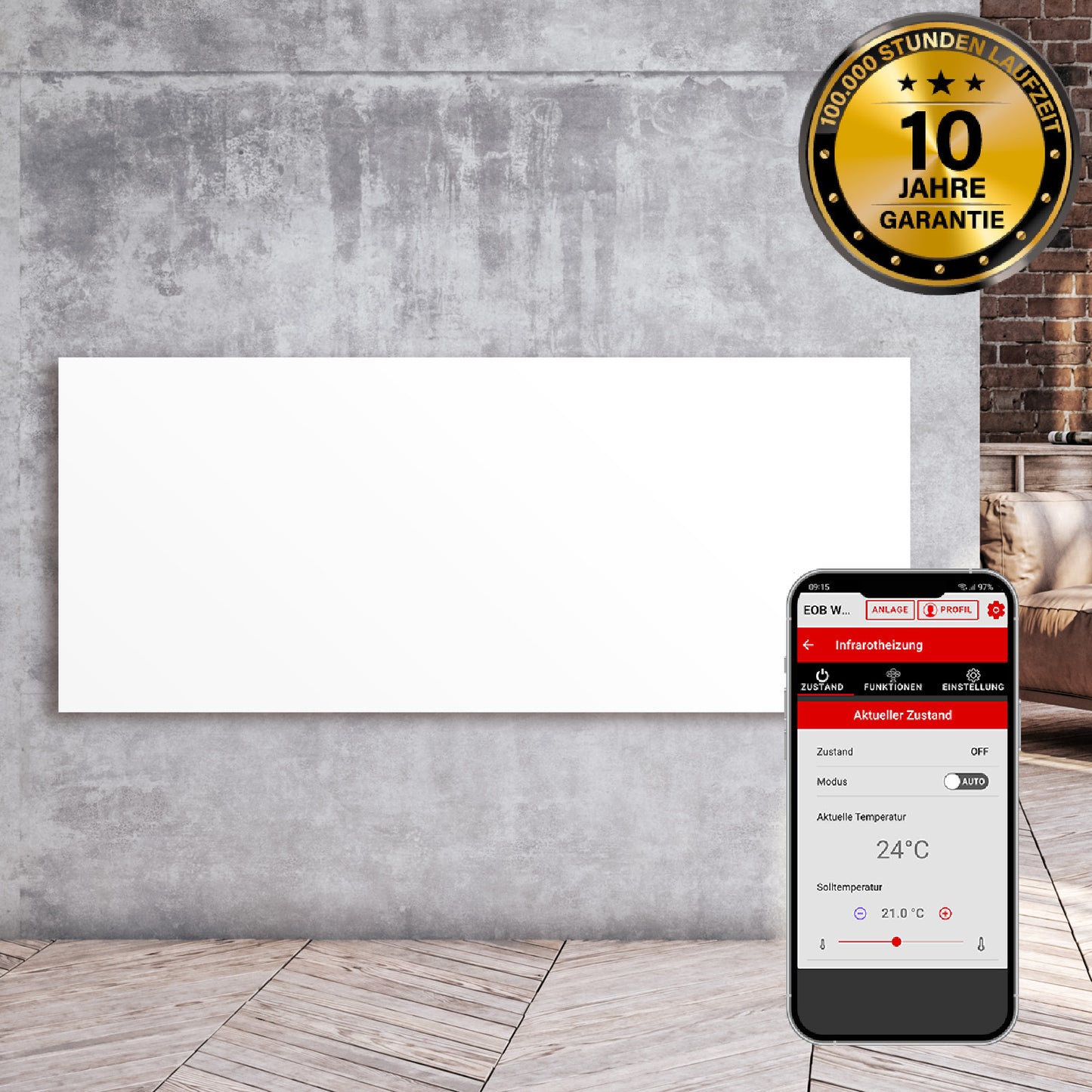 Weiße flache Infrarotheizung an Wand mit Smartphone-Wifi-Thermostat-App Anzeige.