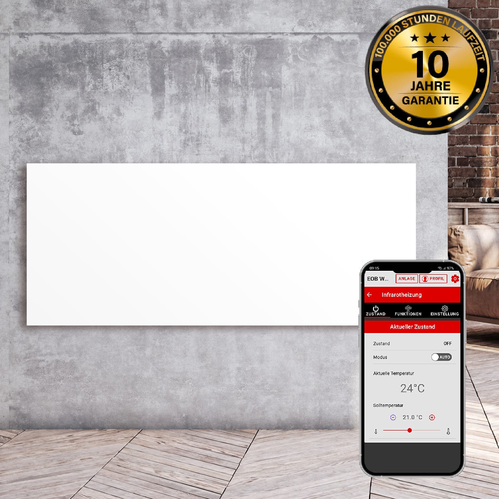 Weiße flache Infrarotheizung an Wand mit Smartphone-Wifi-Thermostat-App Anzeige.