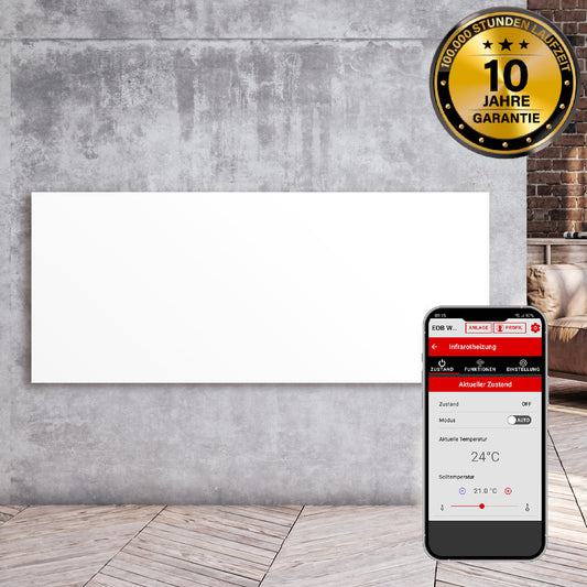 Weiße flache Infrarotheizung an Wand mit Smartphone-Wifi-Thermostat-App Anzeige.