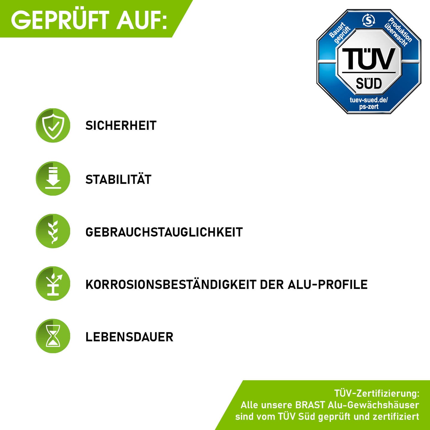 TÜV-geprüfte grüne Siegel für Sicherheit, Stabilität, Gebrauchstauglichkeit und Korrosionsbeständigkeit von Aluminium.