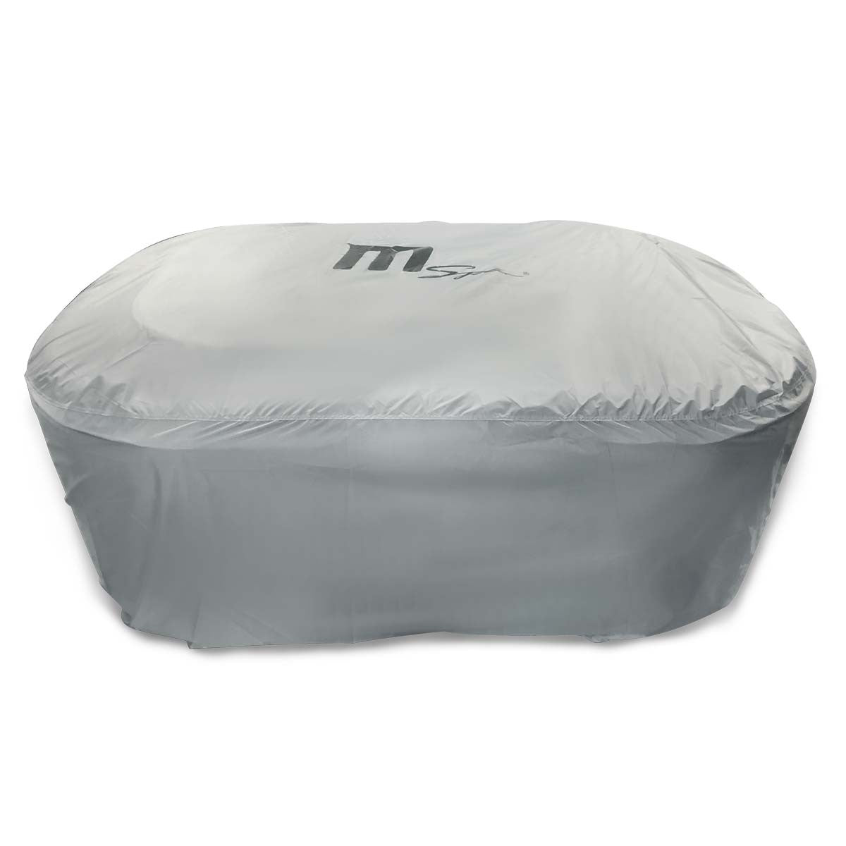 Graue wetterfeste Abdeckhaube aus Polyester passend für NEST Whirlpool 2 Personen mit MSpa-Logo oben.