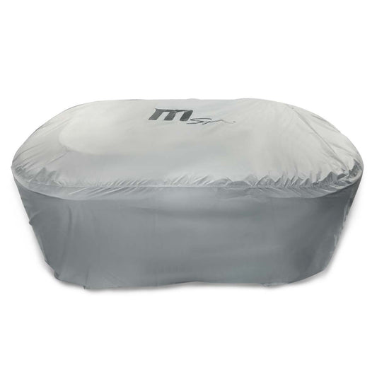 Graue wetterfeste Abdeckhaube aus Polyester passend für NEST Whirlpool 2 Personen mit MSpa-Logo oben.