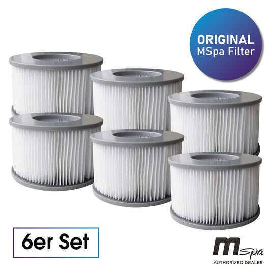 Sechs weiße MSpa Whirlpool Filter mit grauem Rand, gefaltet im 6er Set angeordnet.