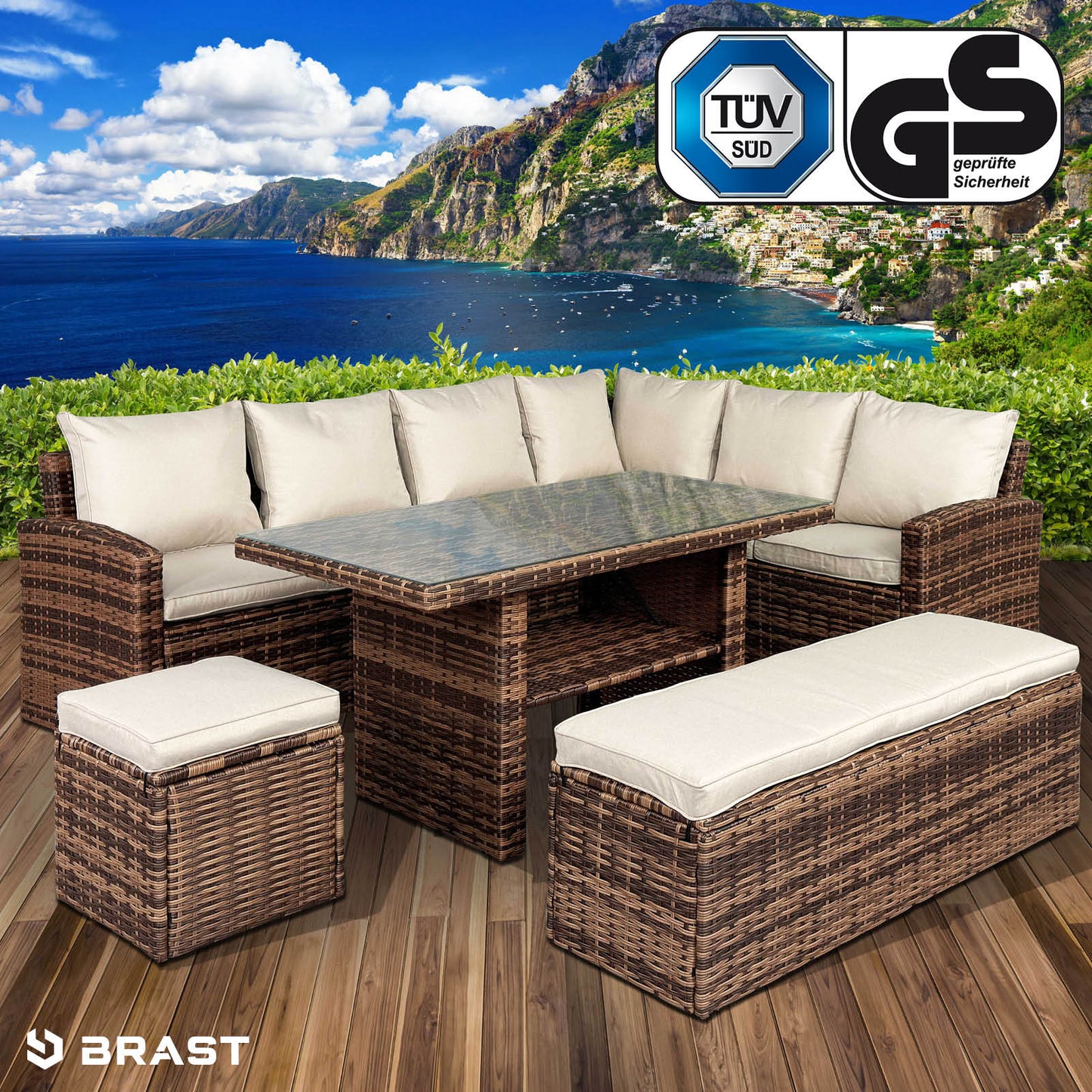 Braune Poly-Rattan Gartengarnitur mit beigen Polstern, Eck-Sitzgruppe Garten mit Tisch und Hockern, Balkon Sitzgruppe.