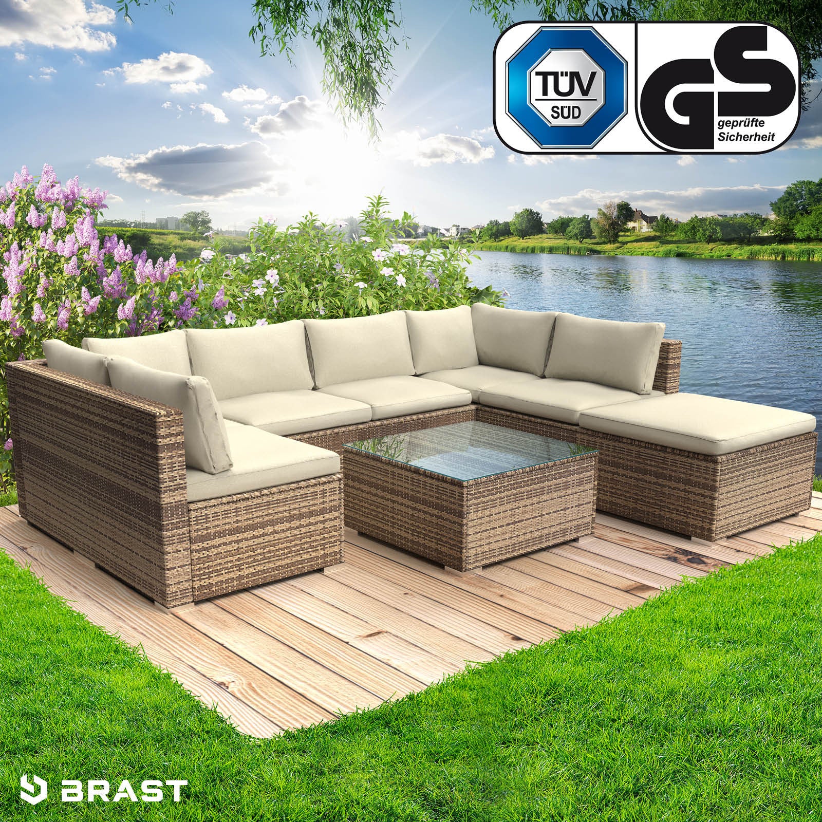 Braunes Poly Rattan Lounge Set mit beige Polstern, L-förmig, inklusive Tisch mit Glasplatte, Loungemöbel Gartenmöbel Set.