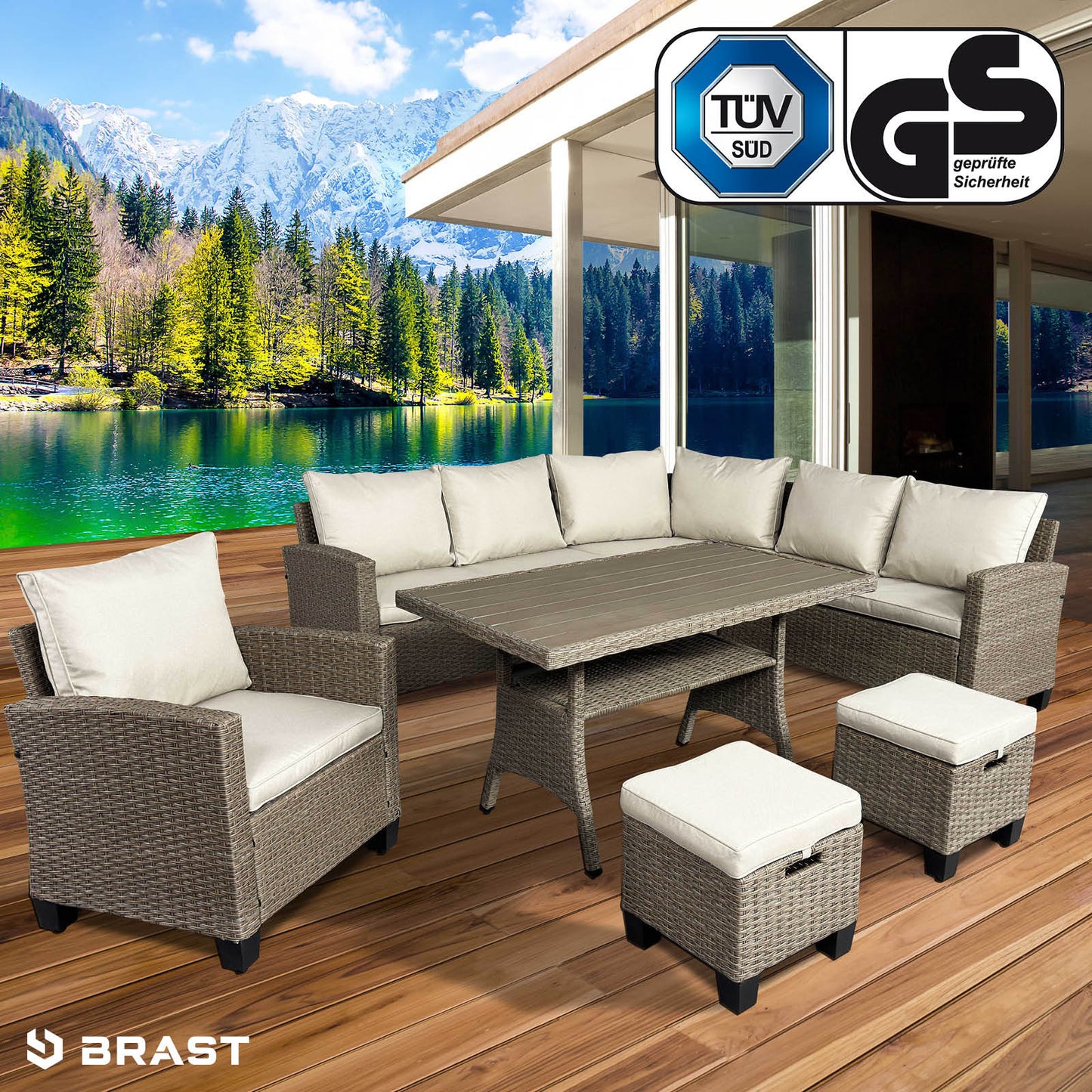 Braune Polyrattan Gartengarnitur mit beigen Kissen, Eck-Sitzgruppe Garten mit Tisch und Hockern.