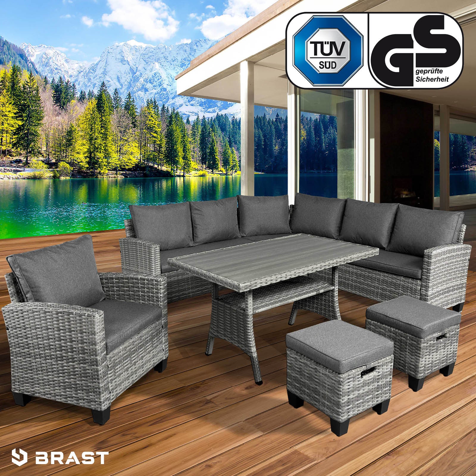 Graue Polyrattan Gartengarnitur mit Ecksofa, Tisch, zwei Sesseln und zwei Hockern als Gartenmöbel Sitzgruppe.