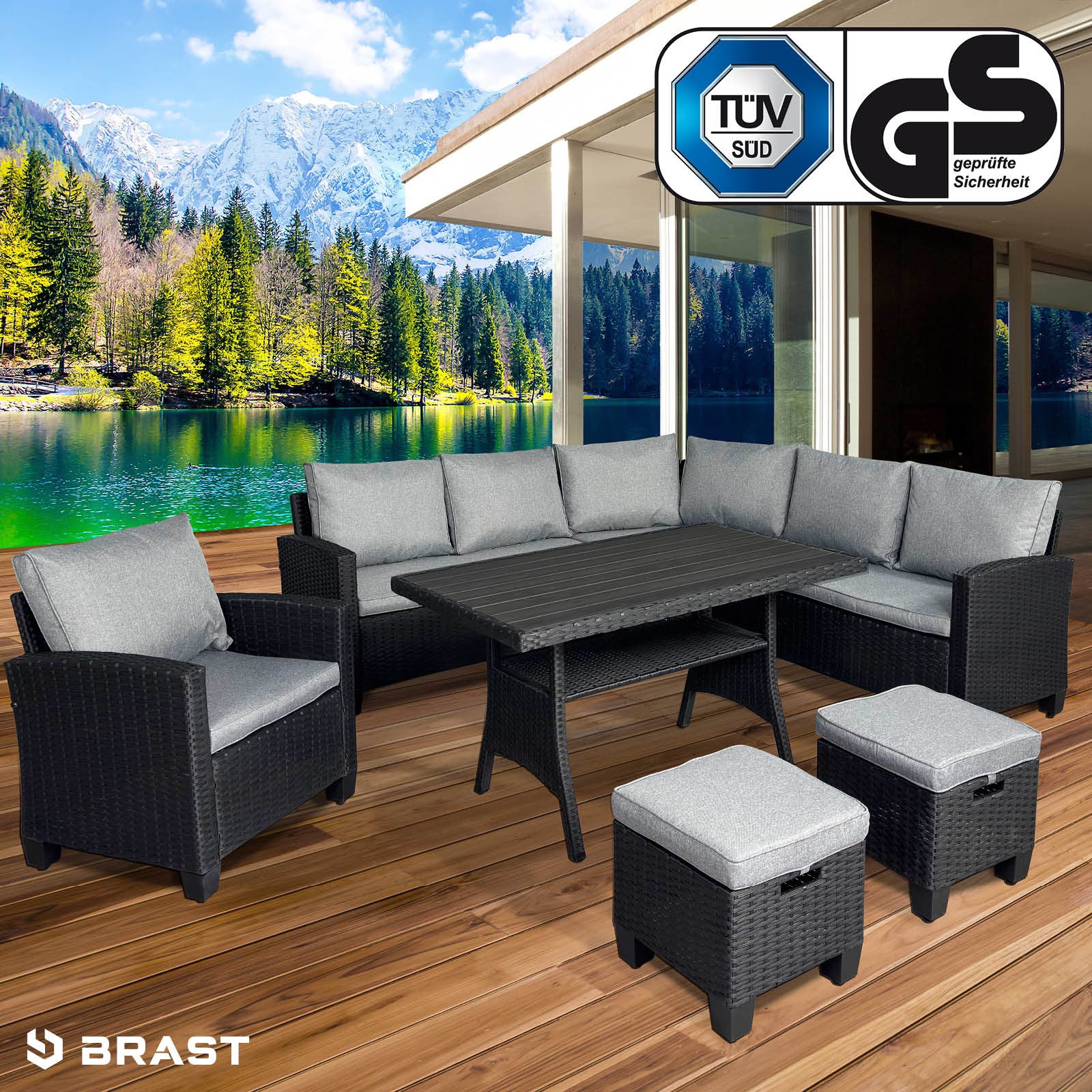 Polyrattan Eck Sitzgruppe schwarz/grau mit Polstern, Gartengarnitur für Garten, Balkon und Terrasse.