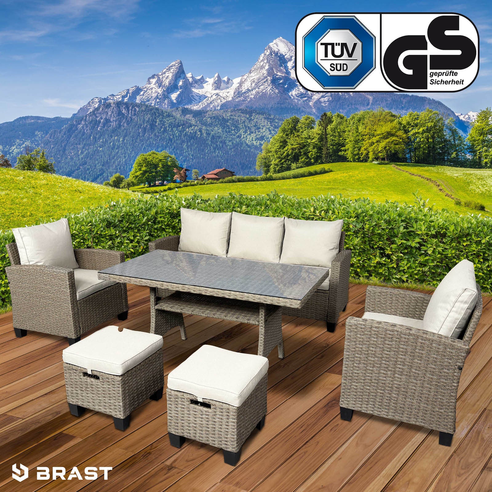 Braune Polyrattan Gartengarnitur mit beige Polstern, 2-Sitzer Sofa, 2 Sessel und 3 Hocker, Sitzgruppe Garten für.