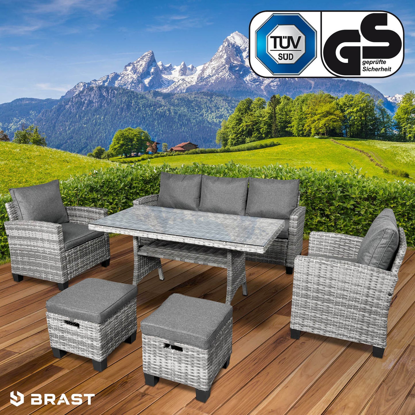 Grau-anthrazit Polyrattan Gartengarnitur mit Ecksofa, zwei Sesseln, Tisch und Hockern, wetterfeste Rattan Sitzgruppe Garten.