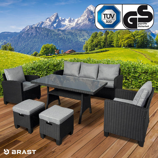 Schwarze Polyrattan Gartengarnitur mit grauen Polstern, Ecksofa, Sesseln, Tisch und Hockern, moderne Sitzgruppe Garten und.