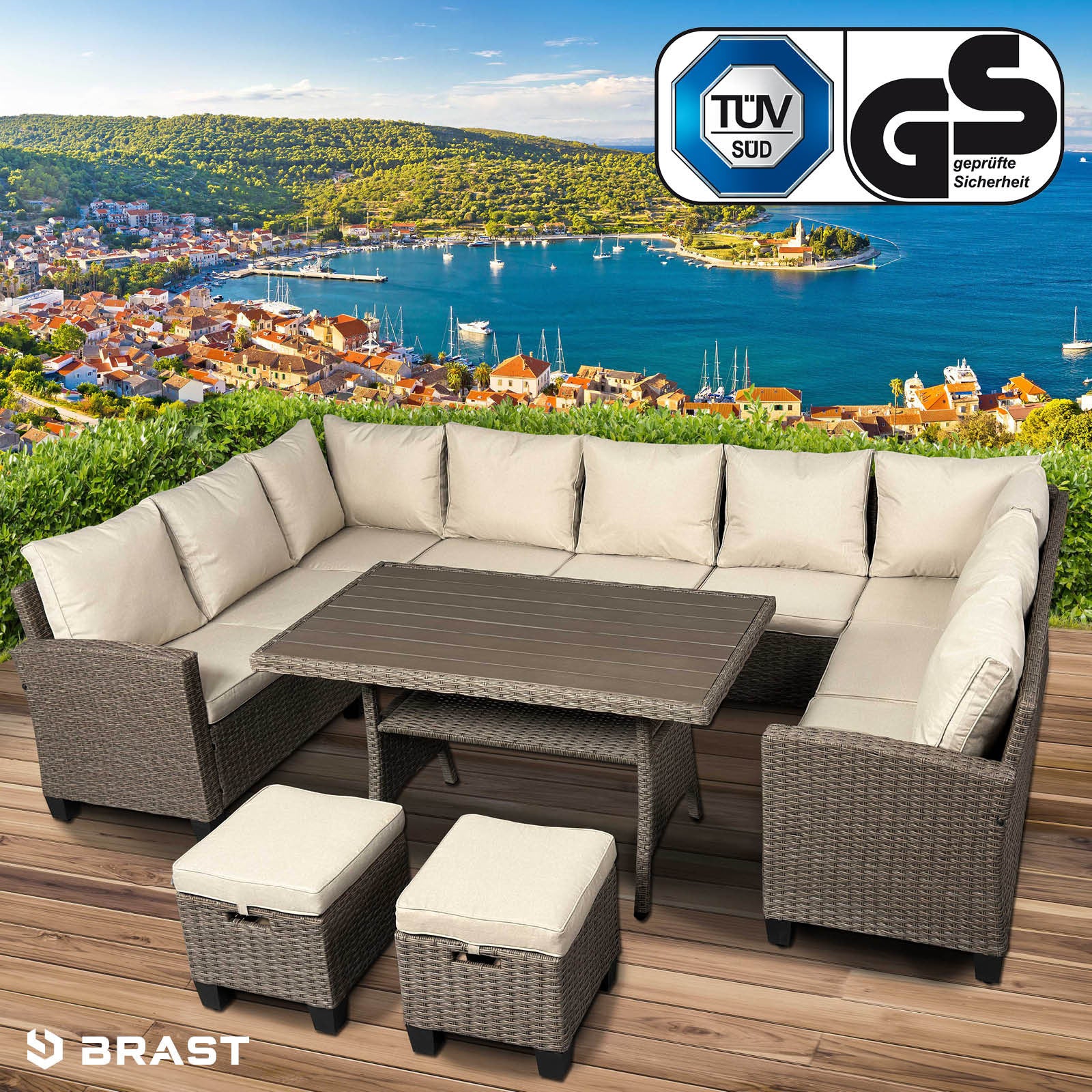 Braune Polyrattan Gartengarnitur mit beige Polstern, Eck-Sitzgruppe Garten mit Tisch und zwei Hockern, Balkon Sitzgruppe.
