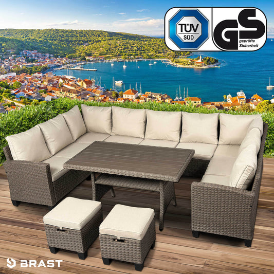 Braune Polyrattan Gartengarnitur mit beige Polstern, Eck-Sitzgruppe Garten mit Tisch und zwei Hockern, Balkon Sitzgruppe.