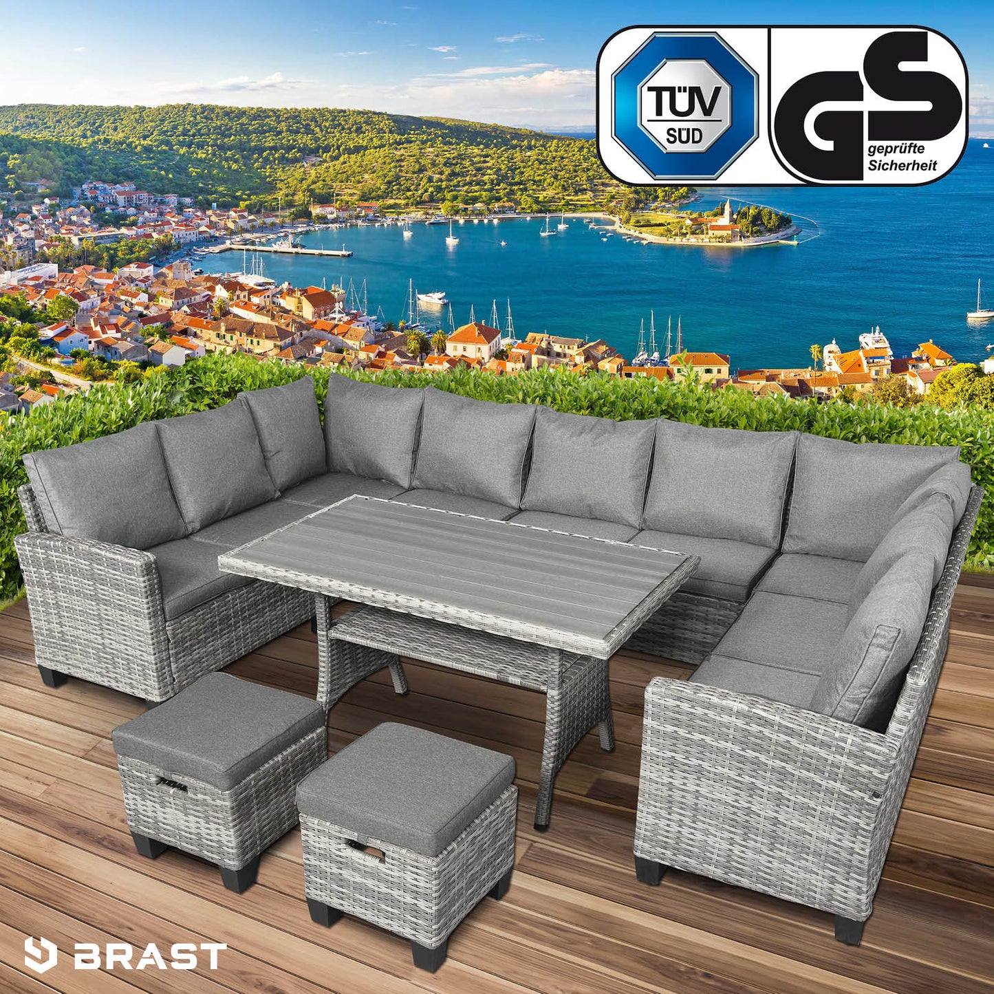 Graue Polyrattan Gartengarnitur mit L-Form Sofa, Esstisch und Hockern, moderne Sitzgruppe Garten.