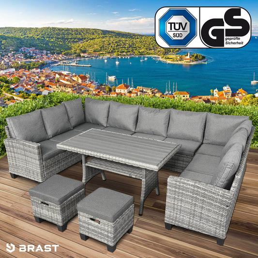 Graue Polyrattan Gartengarnitur mit L-Form Sofa, Esstisch und Hockern, moderne Sitzgruppe Garten.