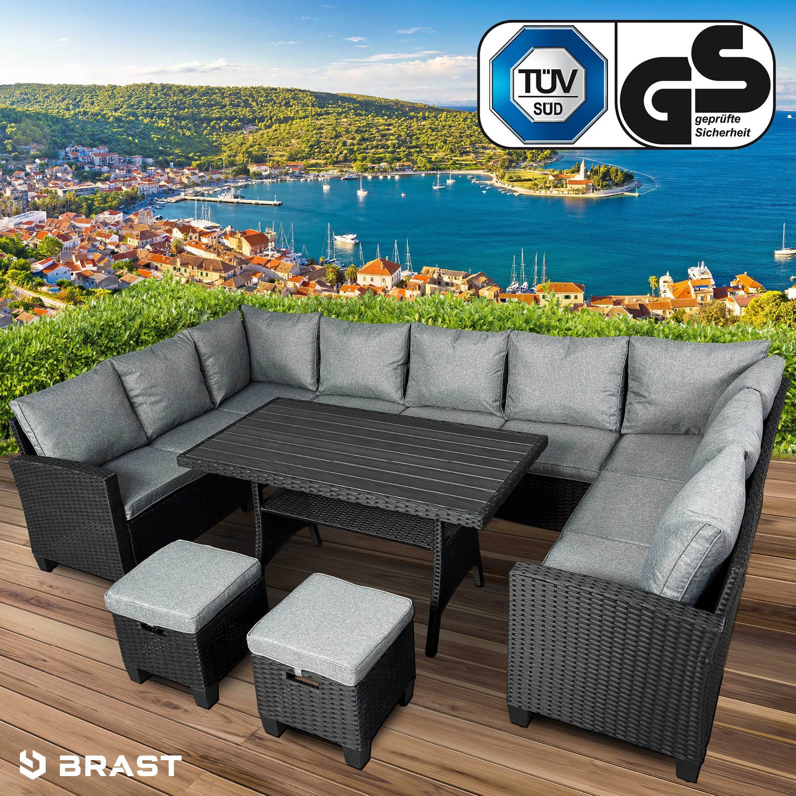 Moderne Polyrattan Gartengarnitur FAMILY in Schwarz-Grau mit Ecksofa, Tisch und Hockern, Gartenmöbel Sitzgruppe.