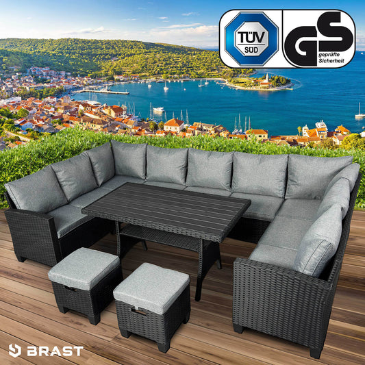 Moderne Polyrattan Gartengarnitur FAMILY in Schwarz-Grau mit Ecksofa, Tisch und Hockern, Gartenmöbel Sitzgruppe.