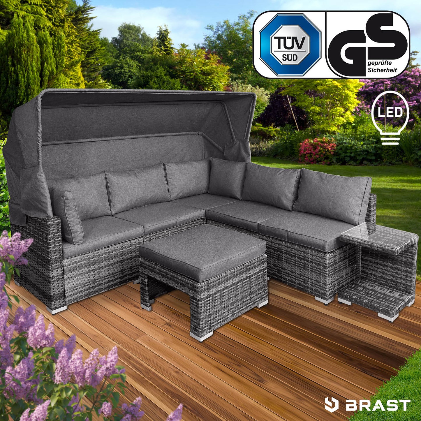 Graue Polyrattan Lounge-Insel mit LED, Dach und Kissen, modernes Loungemöbel Set für Garten.
