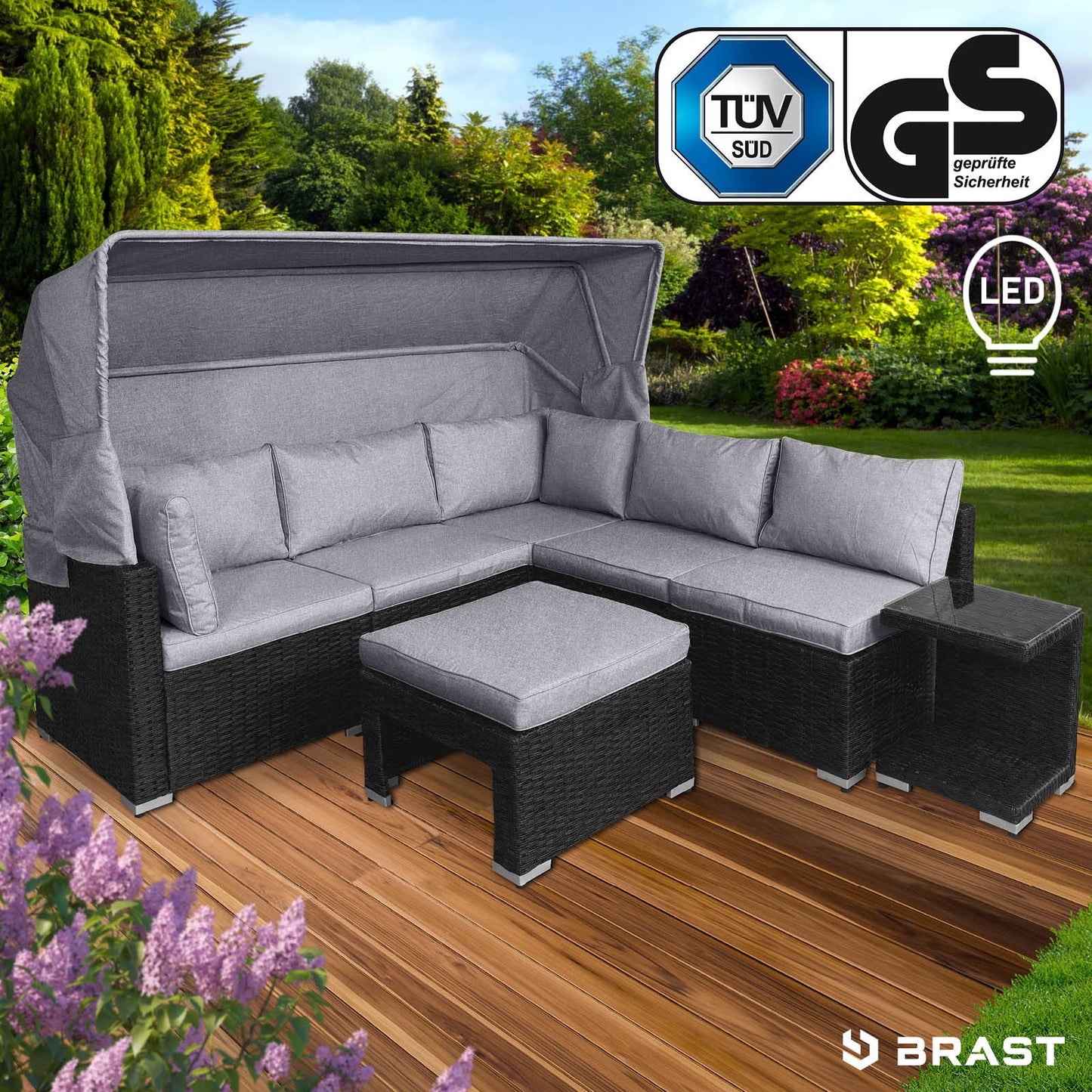 Schwarze Polyrattan Lounge-Insel mit grauen Kissen, LED-Beleuchtung, Loungemöbel Set für Garten.