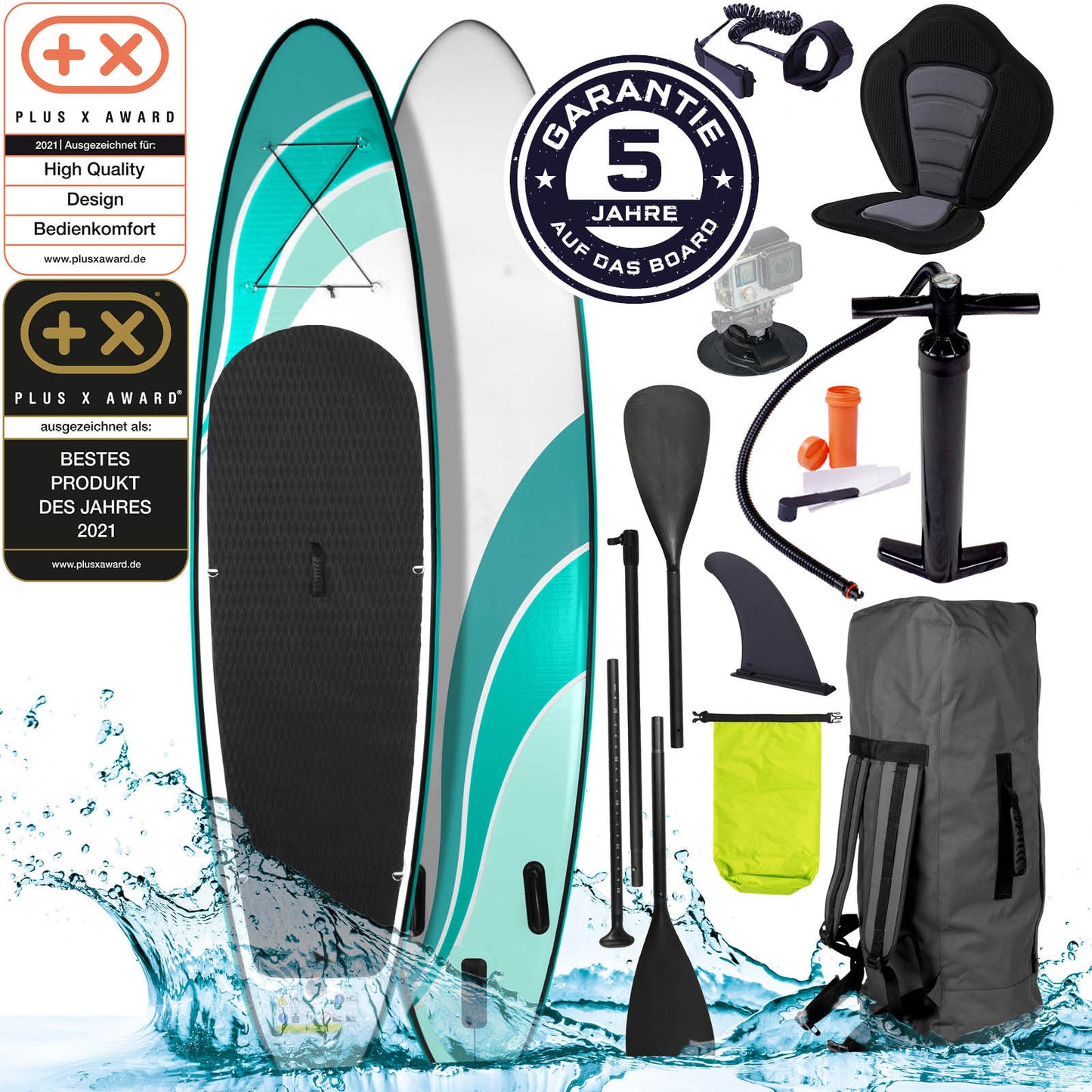 Aufblasbares SUP Board WAVE 320 mit Sitz, SUP Paddel, Handpumpe, Rucksack und Zubehör in Blau-Grün.