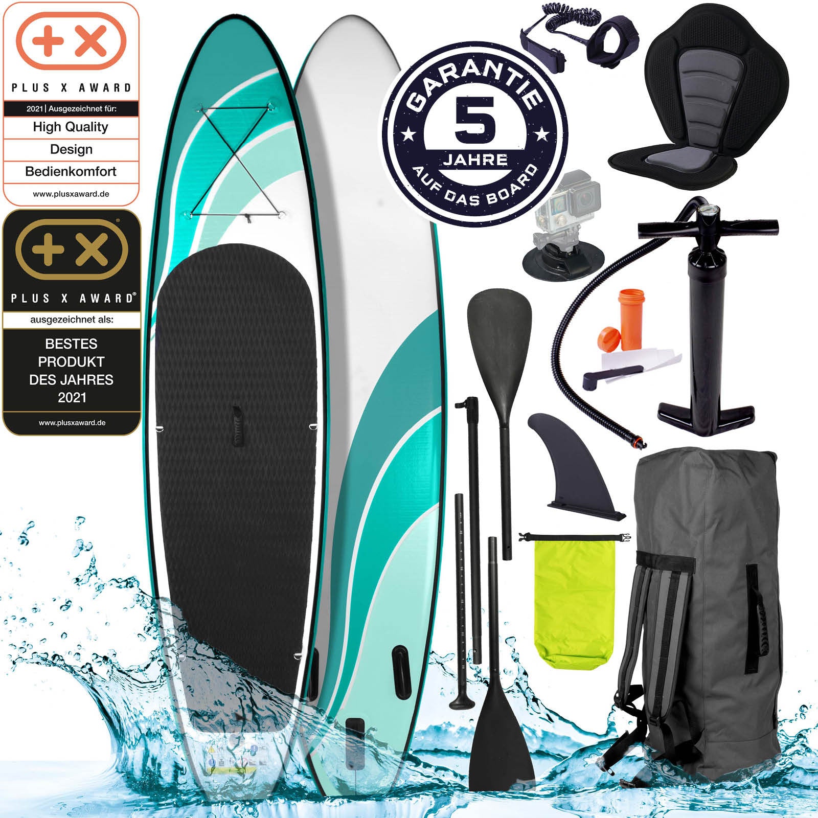 Aufblasbares SUP Board WAVE 320 mit Sitz, SUP Paddel, Handpumpe, Rucksack und Zubehör in Blau-Grün.
