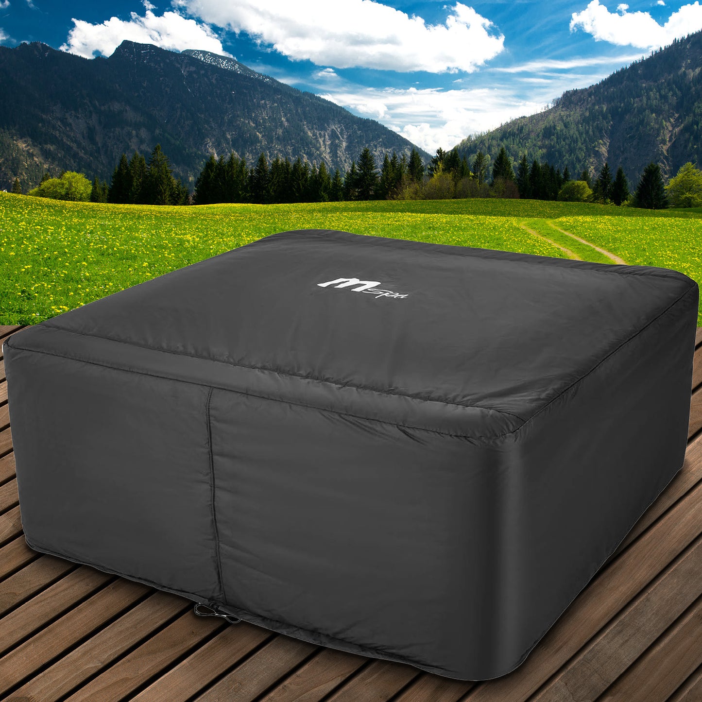 Schwarze Thermoabdeckung für MSpa Whirlpool OSLO, eckig, mit Logo, wetterfestes Material.