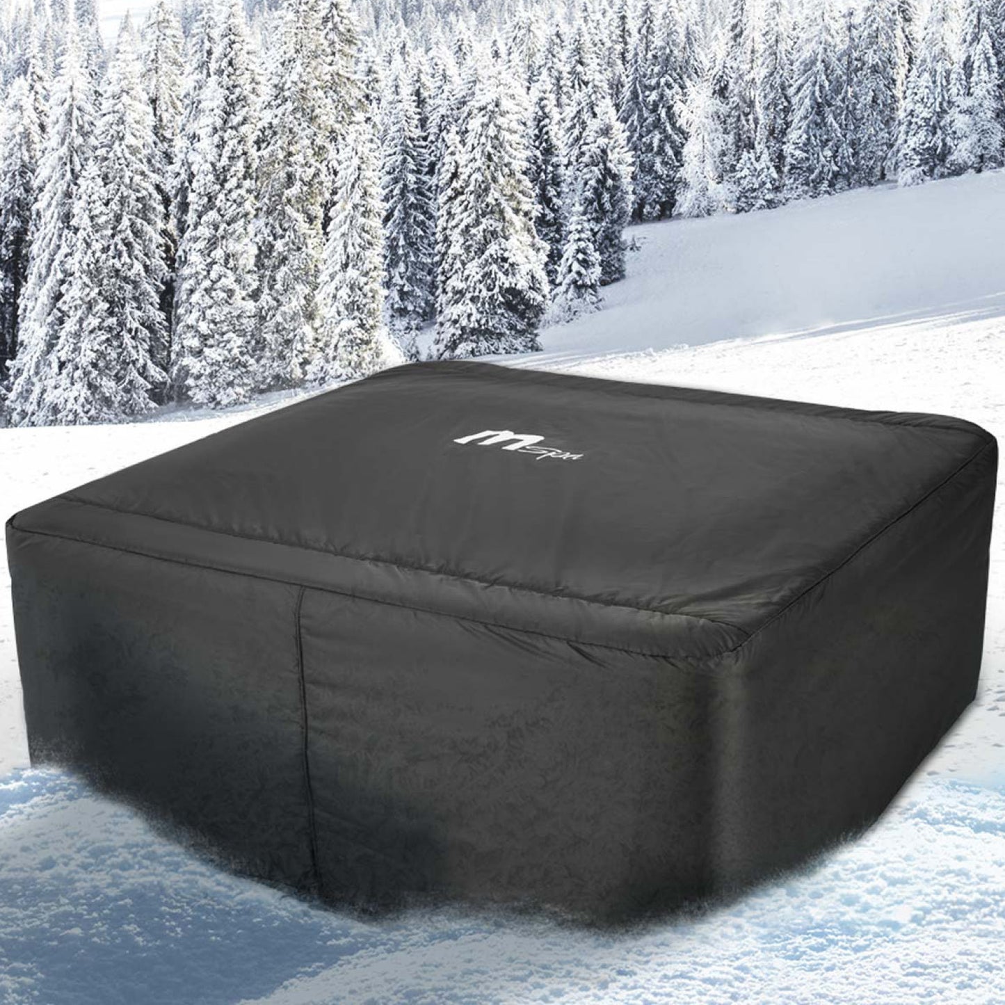Schwarze Thermoabdeckung für MSpa Whirlpool OSLO PLUS mit weißem Logo auf verschneitem Hintergrund.