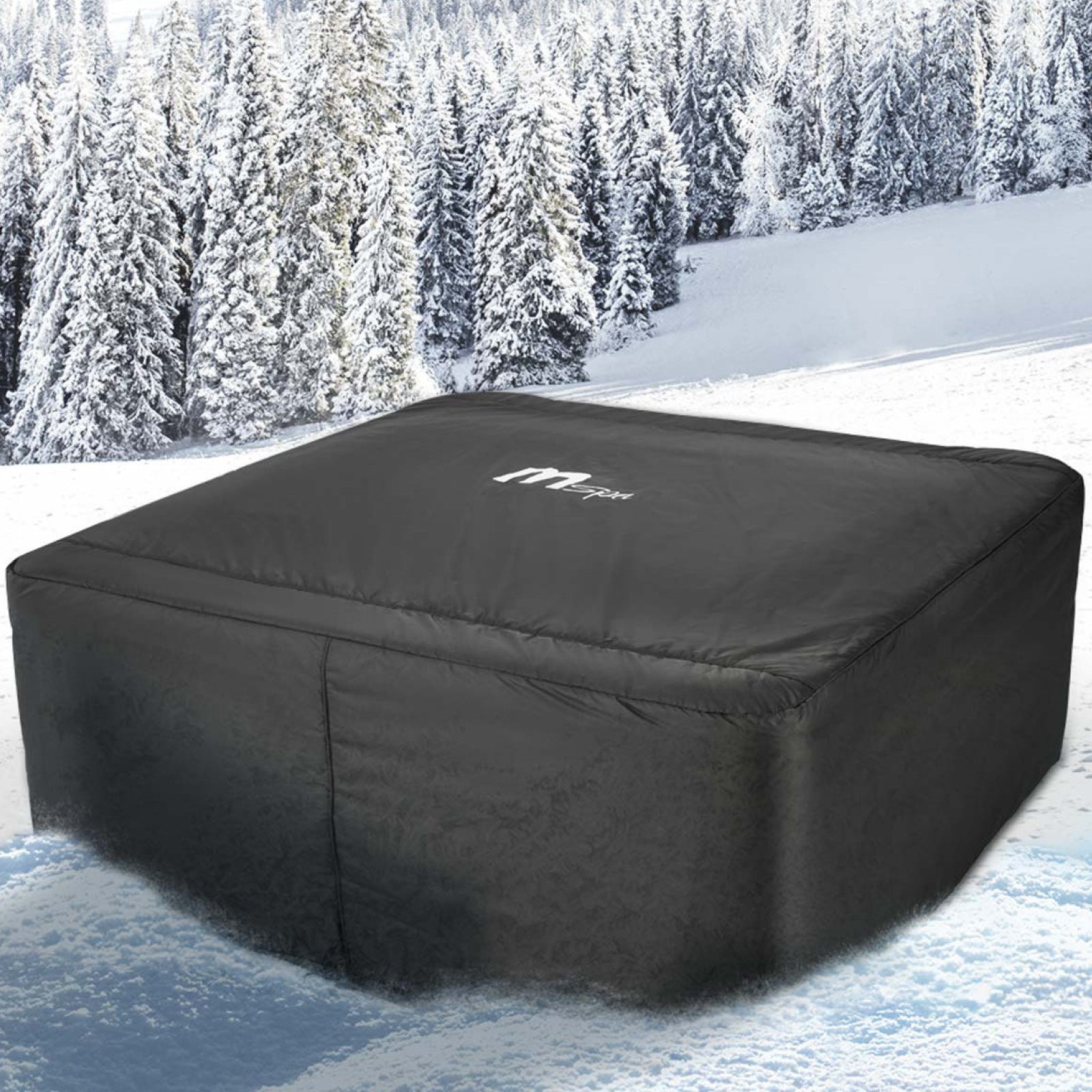 Schwarze Thermoabdeckung für MSpa Whirlpool OSLO PLUS mit weißem Logo auf verschneitem Hintergrund.