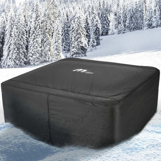 Schwarze Thermoabdeckung für MSpa Whirlpool OSLO PLUS mit weißem Logo auf verschneitem Hintergrund.
