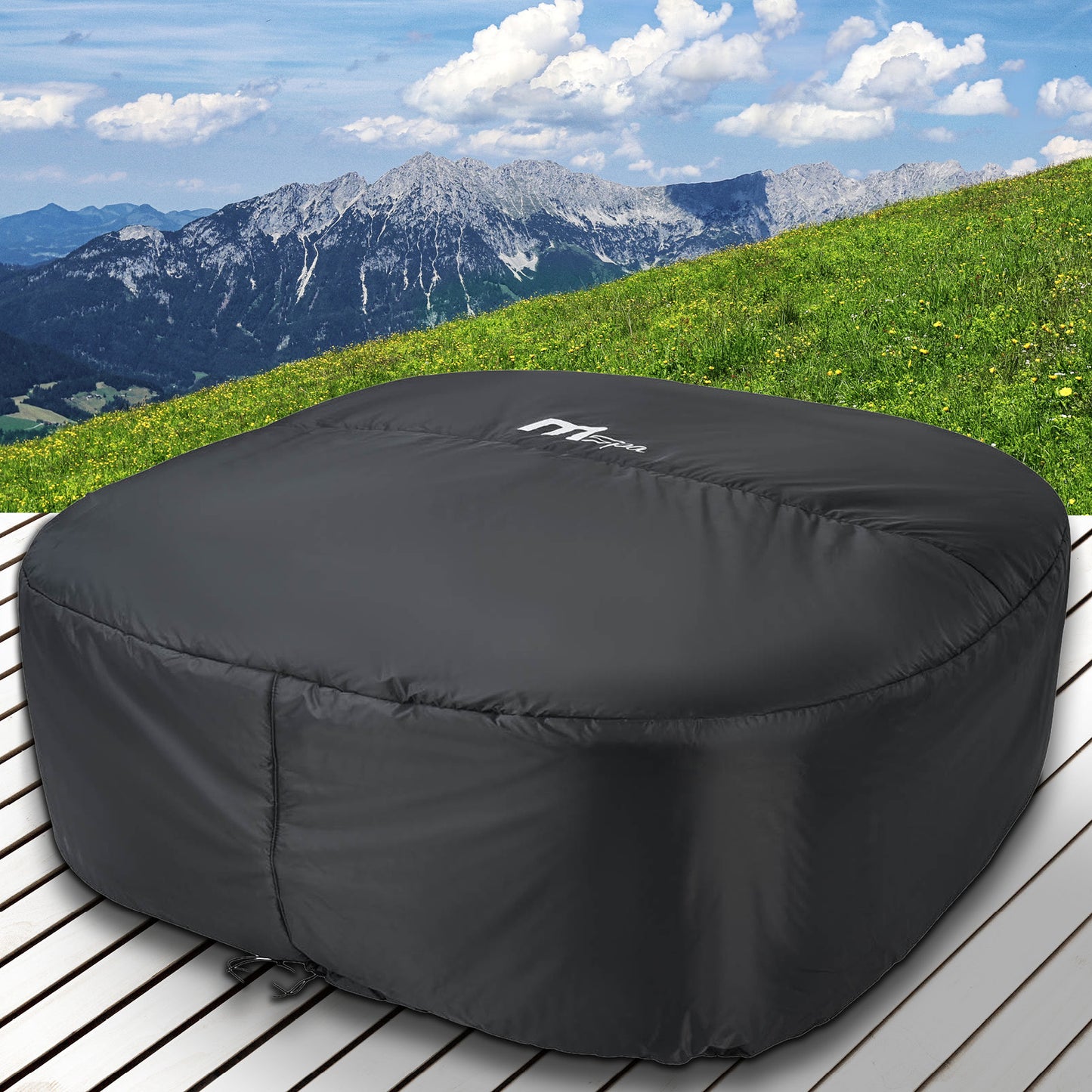 Schwarze, quadratische Thermoabdeckung für 4-Personen-Whirlpool aus robustem, wasserabweisendem Material.
