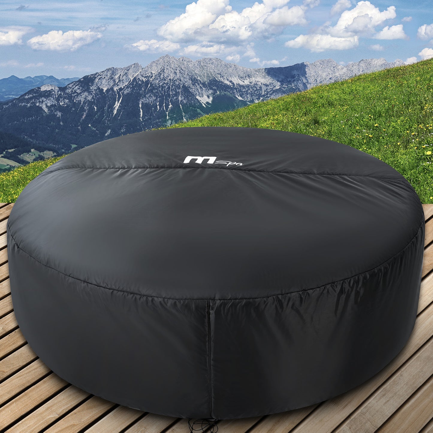 Schwarze runde Thermoabdeckung für 4-Personen-Whirlpool aus wetterfestem Material.