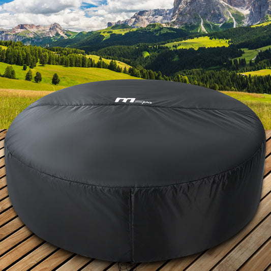 Runde schwarze Thermoabdeckung für 6-Personen-MSpa-Whirlpool auf Holzboden.